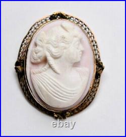 Antique Victorian 10K Gold Filagree Mediterranean Shell Cameo Pin Pendant