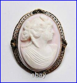 Antique Victorian 10K Gold Filagree Mediterranean Shell Cameo Pin Pendant