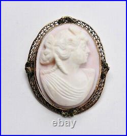 Antique Victorian 10K Gold Filagree Mediterranean Shell Cameo Pin Pendant