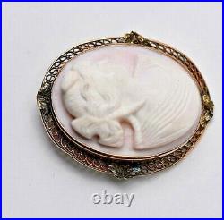 Antique Victorian 10K Gold Filagree Mediterranean Shell Cameo Pin Pendant