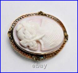 Antique Victorian 10K Gold Filagree Mediterranean Shell Cameo Pin Pendant