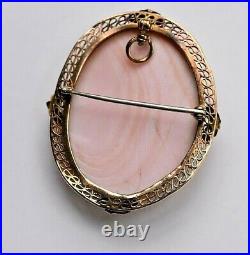 Antique Victorian 10K Gold Filagree Mediterranean Shell Cameo Pin Pendant