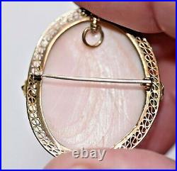 Antique Victorian 10K Gold Filagree Mediterranean Shell Cameo Pin Pendant