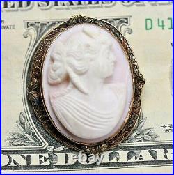 Antique Victorian 10K Gold Filagree Mediterranean Shell Cameo Pin Pendant