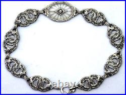 Antique Victorian 10K Solid White Gold, Hand Carved Quartz and Diamond Bracelet
