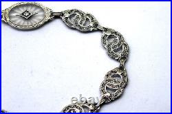 Antique Victorian 10K Solid White Gold, Hand Carved Quartz and Diamond Bracelet