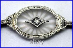 Antique Victorian 10K Solid White Gold, Hand Carved Quartz and Diamond Bracelet