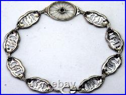 Antique Victorian 10K Solid White Gold, Hand Carved Quartz and Diamond Bracelet