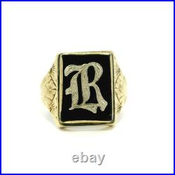Antique Victorian 10k Gold Black Onyx Hand Engraved Floral Initial R Ring