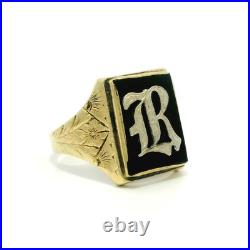 Antique Victorian 10k Gold Black Onyx Hand Engraved Floral Initial R Ring