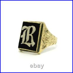 Antique Victorian 10k Gold Black Onyx Hand Engraved Floral Initial R Ring