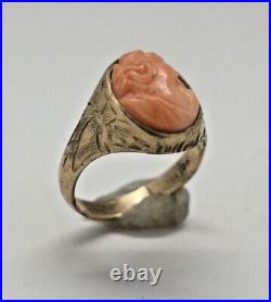 Antique Victorian 10k Gold, Hand Carved Angel Hair Coral Cameo Ring With Etching