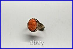 Antique Victorian 10k Gold, Hand Carved Angel Hair Coral Cameo Ring With Etching