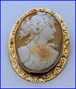 Antique Victorian 10k Yellow Gold Cameo Brooch Swivel Pendant Hand Carved Shell