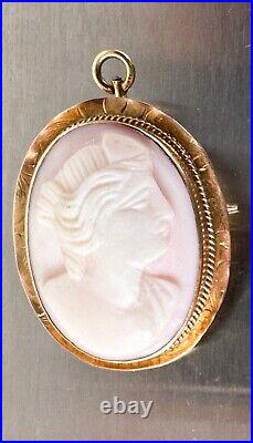 Antique Victorian 10k Yellow Gold Cameo Brooch Swivel Pendant Hand Carved Shell