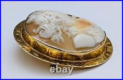 Antique Victorian 10k Yellow Gold Cameo Brooch Swivel Pendant Hand Carved Shell
