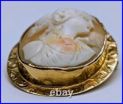 Antique Victorian 10k Yellow Gold Cameo Brooch Swivel Pendant Hand Carved Shell