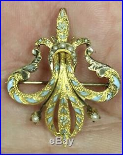 Antique Victorian 10k Yellow Gold Hand Enamel Seed Pearl Pin Brooch Pendant 2.5g