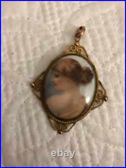 Antique Victorian 10k Yellow Gold Hand Painted Porcelain Cameo Pendant Rare