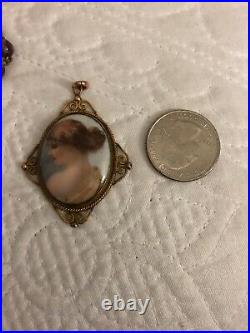 Antique Victorian 10k Yellow Gold Hand Painted Porcelain Cameo Pendant Rare