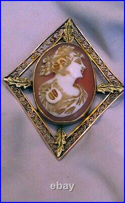 Antique Victorian 10k Yellow Gold Hand-carved Cameo Shell Broach