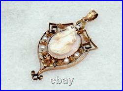 Antique Victorian 10k gold cameo seed pearl lavalier hand carved lady pendant