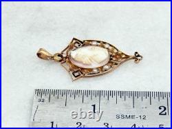Antique Victorian 10k gold cameo seed pearl lavalier hand carved lady pendant