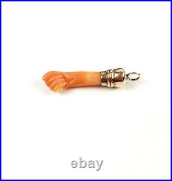 Antique Victorian 10kt Gold Fill Carved Coral Figa Fist Hand Pendant Charm Fob