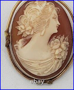 Antique Victorian 14KT Yellow Gold Hand Carved Portrait Cameo Brooch
