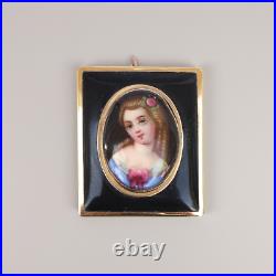 Antique Victorian 14K Gold Enamel Portrait Brooch Pendant Hand Painted