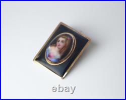 Antique Victorian 14K Gold Enamel Portrait Brooch Pendant Hand Painted