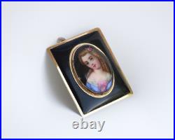 Antique Victorian 14K Gold Enamel Portrait Brooch Pendant Hand Painted