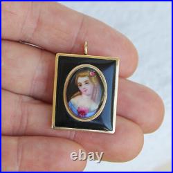 Antique Victorian 14K Gold Enamel Portrait Brooch Pendant Hand Painted