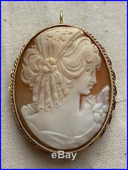 Antique Victorian 14K Gold & Hand Carved Shell Cameo Brooch Pin Pendant C. 1900