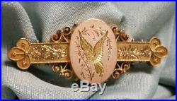 Antique Victorian 14K Gold Hand Etched Floral Bird Filigree Pin Brooch