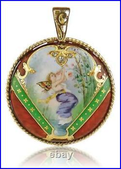 Antique Victorian 14K Gold Hand Painted Fairy Miniature Guilloche Enamel Pendant