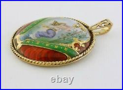 Antique Victorian 14K Gold Hand Painted Fairy Miniature Guilloche Enamel Pendant