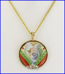 Antique Victorian 14K Gold Hand Painted Fairy Miniature Guilloche Enamel Pendant