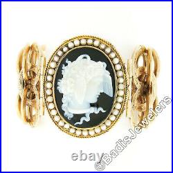Antique Victorian 14K Gold LARGE Black Onyx Cameo & Pearl Hand Engraved Bracelet