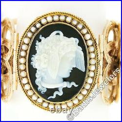 Antique Victorian 14K Gold LARGE Black Onyx Cameo & Pearl Hand Engraved Bracelet
