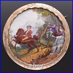Antique Victorian 14K Gold Man & Woman Falling Off Wagon Hand Painted Brooch Pin