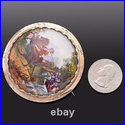 Antique Victorian 14K Gold Man & Woman Falling Off Wagon Hand Painted Brooch Pin