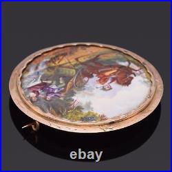 Antique Victorian 14K Gold Man & Woman Falling Off Wagon Hand Painted Brooch Pin