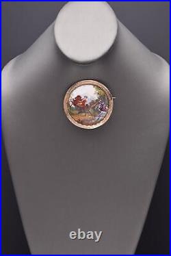 Antique Victorian 14K Gold Man & Woman Falling Off Wagon Hand Painted Brooch Pin