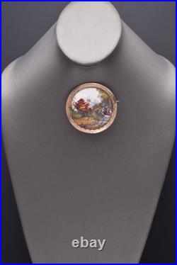 Antique Victorian 14K Gold Man and Woman Falling Off Wagon Hand Painted Brooch