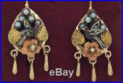 Antique Victorian 14K Gold Silver Turquoise Pearls Hand Made 3D Bird Earrings