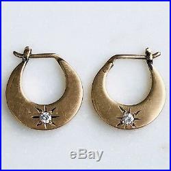 Antique Victorian 14K Rose Gold Diamond Earrings Mini Hoop Hand-Stenciled Star