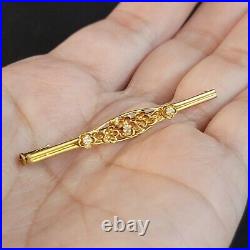 Antique Victorian 14K Yellow Gold Floral Design + 3 Small Diamonds Bar Brooch