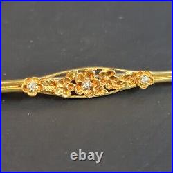 Antique Victorian 14K Yellow Gold Floral Design + 3 Small Diamonds Bar Brooch