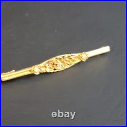 Antique Victorian 14K Yellow Gold Floral Design + 3 Small Diamonds Bar Brooch